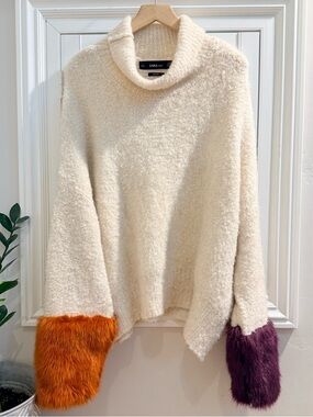 Zara Cream Turtleneck Sweater with Orange & Purple Faux-Fur Cuffs - Size Medium